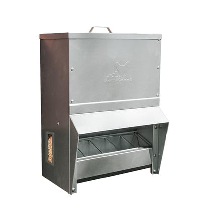 RentACoop Metal Trough Feeder with Lid & Rain Cover – Galvanized Steel, Gravity-Fed, Side View Window, Adjustable Grate for Easy Cleaning – Suitable for Chickens, Ducks, Poultry & More – 25lb Capacity - size: 25LB Capacity
