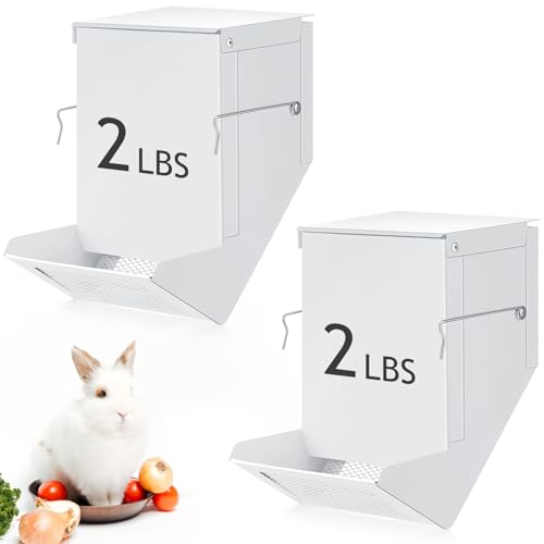 Maxcheck 2 Pcs Rabbit Feeder for Cages Small Animal Food Pellet Dispenser with Lid Metal Chicken Grit Oyster Shell Squirrel Feeders Outside(4.7 Inches,Mesh Bottom,White) - color: White, size: 4.7 Inches