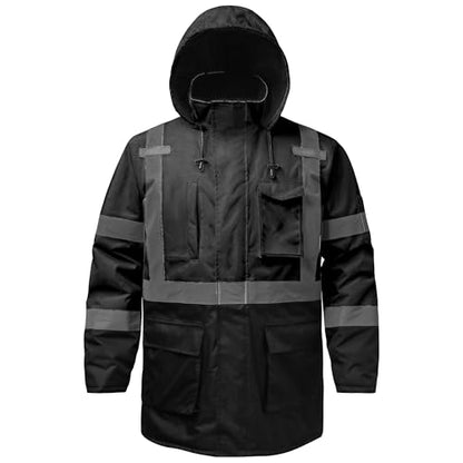 Reflective Jacket, High Visibility Parka, Waterproof Hi Vis, Safety Jacket with Removable Hood and Zipper, ANSI Class 3 (Black,Large) - color: Black-parka, size: Large