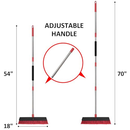 18” Push Broom with 70” Adjustable Handle - Heavy Duty Outdoor Broom for Shop, Garage, Driveway, Patio, Yard & Deck Cleaning