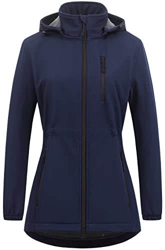 Chrisuno Women's Lightweight Long Softshell Fleece Lined Jacket Anorak Raincoat With Removable Hood - color: Navy, size: 3X-Large