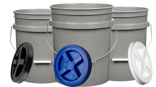 House Naturals 5 galon Food Grade Plastic Bucket Pail Container- 3 Color Air Tight Screw On Lid (Pack of 3)