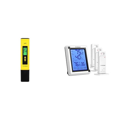 VIVOSUN Digital pH Meter and Digital Thermometer and Hygrometer with 3 Remote Sensors, Indoor Outdoor Temperature and Humidity Monitor