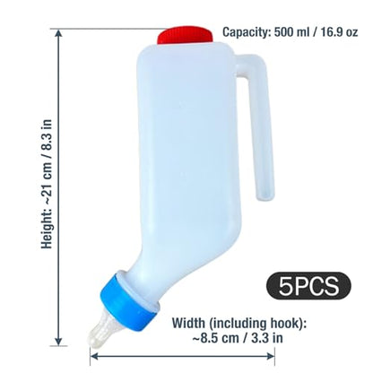 5 Pack Goat Bottles for Feeding Baby Goats, 500ml Hanging Lamb Bottle with Side-Mount Hook, Food-Grade Plastic Nursing Bottle for Lambs, Piglets, Puppies, Goat Bottles for Feeding Baby Goats, Goa