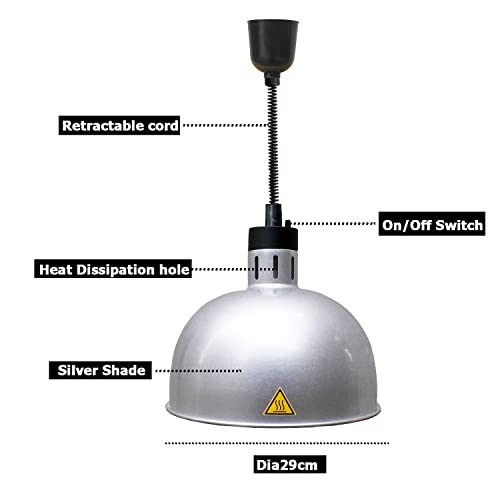 Hanging Food Heat Lamp Infrared Food Warmer Fry Heating Light 250W with Retractable Cord (Hanging,Dia 29cm(Silver)) - size: Hanging,Dia 29cm(Silver)