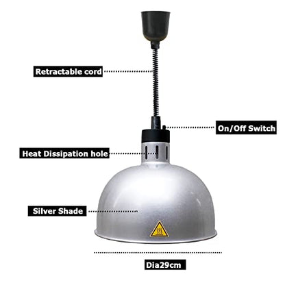 Hanging Food Heat Lamp Infrared Food Warmer Fry Heating Light 250W with Retractable Cord (Hanging,Dia 29cm(Silver)) - size: Hanging,Dia 29cm(Silver)