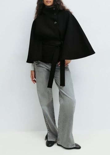 CHARTOU Women Batwing Sleeve Ponchos Pea Coat Wool Stand Collar Belt Capes Jacket Winter Cropped Overcoat - color: Black, size: Small