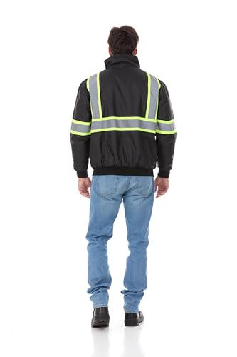 North 15 Men's High Visibility Reflectrd Hooded Safety Bomber Jacket, Fleece Lined - color: Black, size: X-Large