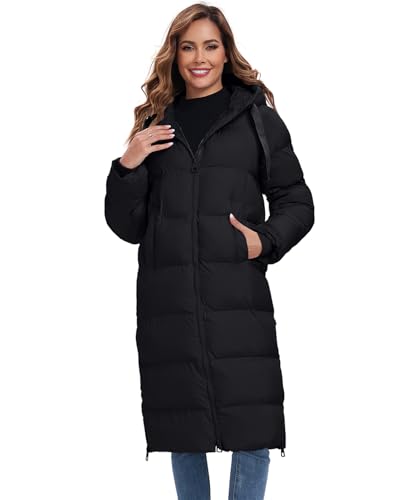 HOTIAN Womens Winter Maxi Long Puffer Coat Thicken Hooded Down Quilted Padded Jacket Winter Warm Outerwear - color: Black, size: Small