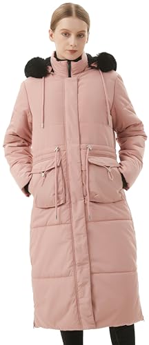 MOERDENG Women's Long Winter Puffer Coat Waterproof Warm Maxi Down Jacket Faux Fur Removable Hood Parka - color: Pink, size: Small