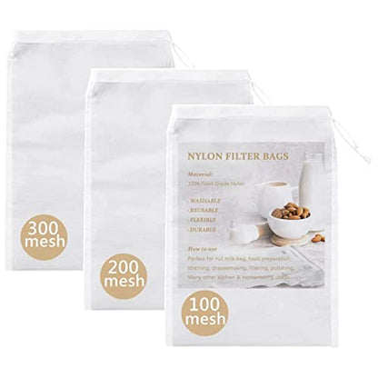 3 Pcs Nut Milk Bags, 150/75/48 Micron Reusable Nylon Food Strainers, Multi-use Food Grade Soy Milk Filter, Yogurt, Wine, Brew, Coffee Filters (6"x8") - size: 6"x8"