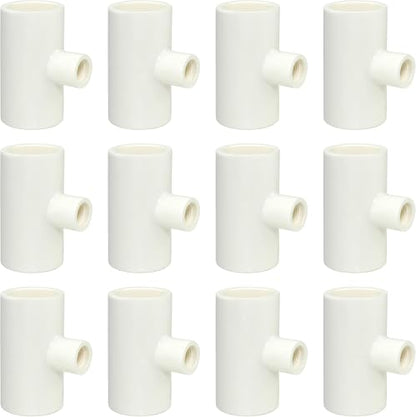 (12 Pack) Chicken Waterer PVC Tee Fittings For Threaded Poultry Watering Cups - Schedule 40 PVC 1/2 inch Slip X 1/2 inch Slip X 1/8 inch FPT