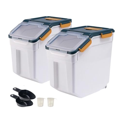 2 Pack 25lbs Rice Container with Wheels, Large Flour and Grain Storage Container with Lid, Measuring Cup and Scoop, Plastic Food Storage Bin for Kitchen Pantry (Dark Blue) - color: 2Pcs 25LB Blue