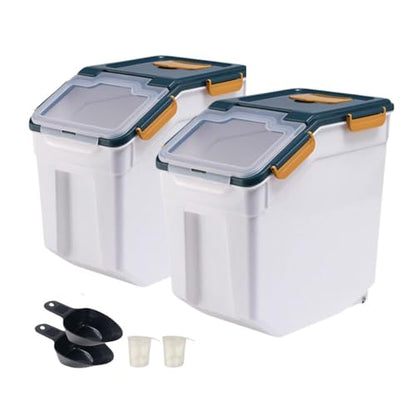 2 Pack 25lbs Rice Container with Wheels, Large Flour and Grain Storage Container with Lid, Measuring Cup and Scoop, Plastic Food Storage Bin for Kitchen Pantry (Dark Blue) - color: 2Pcs 25LB Blue