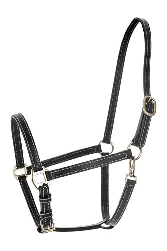 HORZE Fremont Soft Synthetic Leather Horse Halter, Fully Adjustable Design | Brass Hardware and Contrast Stitching, Durable Leather Halter for Horses Inspired Style for Daily Handling, No Discomfort - color: Black, size: Horse