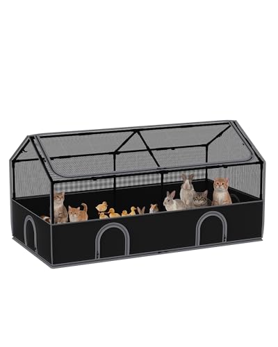 DINMO Small Animal Playpen, 65" Large Chicken Brooder Box with Cover, Waterproof Indoor Outdoor Pet Cage with Sturdy Metal Frame for Bunny, Guinea Pig, Kitten, Puppy, Duck, Hamster, Hedgehog & Black