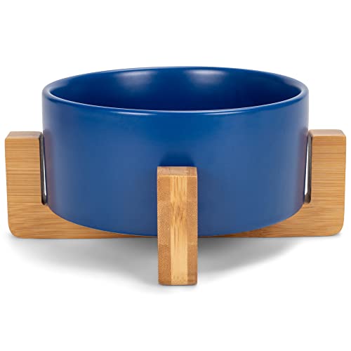 NAT & Jules Small Navy 6 inch Stoneware Ceramic and Wood Pet Bowl with Stand - color: Navy