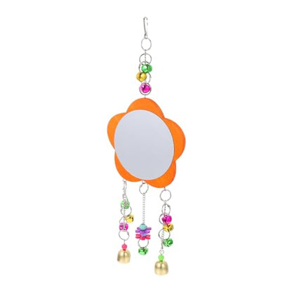 LIOOBO 1Pc Hens Mirror with Bells Chicken Mirror Toy Hanging Rooster Mirror for Birds Acrylic and Wood Fun Cage Decoration for Chickens and Pets