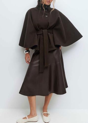CHARTOU Women Batwing Sleeve Ponchos Pea Coat Wool Stand Collar Belt Capes Jacket Winter Cropped Overcoat - color: Coffee, size: Large