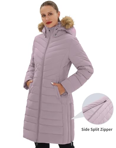Pioneer Camp Women's Winter Coats Warm Thicken Long Puffer Jacket Waterproof Quilted Parka with Removable Faux Fur Hood - color: Pink Haze, size: Large