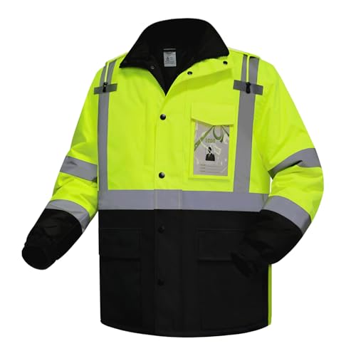High Visibility Work Jackets, Safety Jacket with Pockets for Men& Women, Construction Coats for Cold Weather, Waterproof High Vis Rain Gear, Class 3, Yellow-Black Long, 5XL - color: Yellow-black, size: 5X-Large
