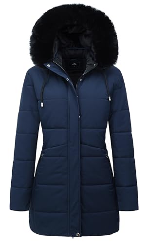 MOERDENG Women's Winter Puffer Coat Thicken Fleece Lined Down Jacket Waterproof Faux Fur Detachable Hooded Parka - color: Navy, size: X-Large
