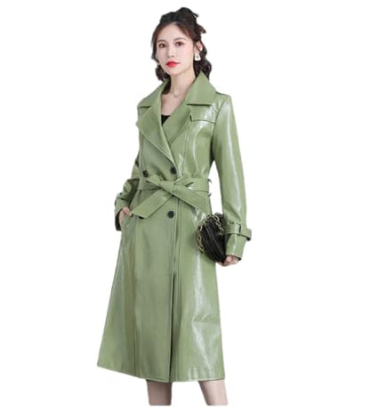 Adhdyuud Women Long Shiny Reflective Pattern Leather Coat Autumn Adjustable Belt Belt Jacket EN8 M