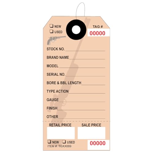 100 Gun and Rifle ID Tags with Consecutive Numbers. Each Tag is Pre-Strung with Elastic String. Preprinted in Brown Ink on Manila Stock, with Reinforced Eyelet. Tag Size: 3 3/4" x 1 7/8".