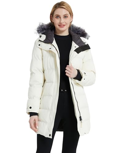 wantdo Women's Long Quilted Winter Coat Thicken Puffer Jacket with Faux Fur Hood - color: Beige, size: Medium