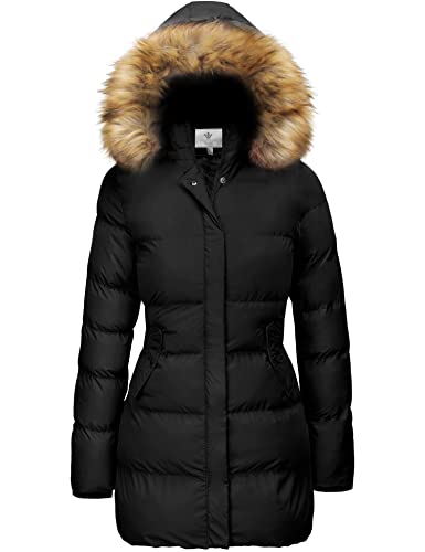 WenVen Women's Winter Thicken Puffer Coat Warm Jacket with Faux Fur Removable Hood - color: Black, size: X-Large