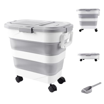 Dog Food Storage Container 30-40lbs, Airtight Pet Food Bin with Locking Lid & Clear Window, Collapsible Rolling Storage Container with Wheels & Scoop, Gray - color: Gray-L