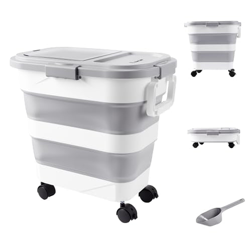 Dog Food Storage Container 30-40lbs, Airtight Pet Food Bin with Locking Lid & Clear Window, Collapsible Rolling Storage Container with Wheels & Scoop, Gray - color: Gray-L