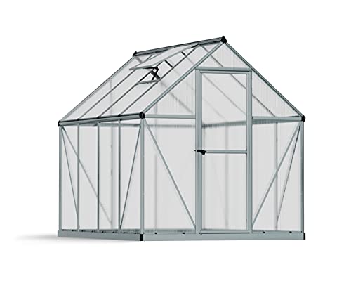 Canopia 6x8 Greenhouse Kit with Plant Hangers, Hobby Walk-in Twin-Wall UV Polycarbonate Heavy Duty Aluminum Frame, Lockable Door, Adjustable Roof Vent, Rain Gutters, Galvanized Steel Base, Mythos - color: Silver with Plant Hangers, size: 6 Ft. x 8 Ft.