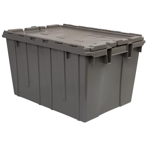 Buckhorn Industrial Lidded Plastic Storage Container, Nesting and Stackable Plastic Storage Box with Lid Attached, Organization Tote for Garage and Warehouse, 12 Gallon Capacity, 21"x15"x12", Gray