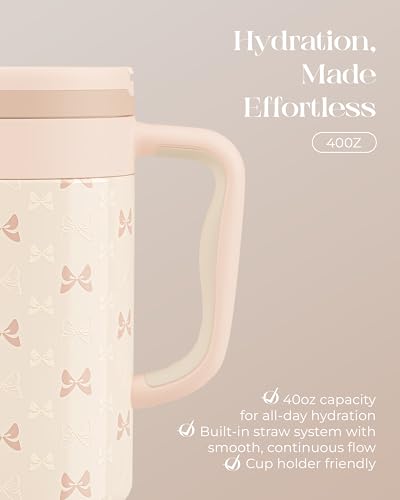 40 oz Insulated Tumbler with Handle and Push-Button Straw Lid, Stainless Steel Travel Cup for Gym Office, Leakproof, BPA-Free, Cup Holder Friendly, Bow Silicone Boot, Cream (Bow Cream) - color: Bow Cream