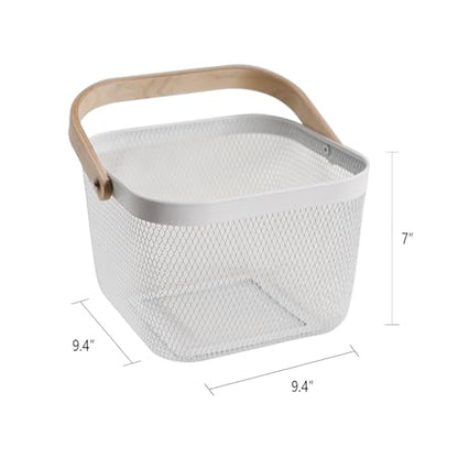 Metal Mesh Steel Harvest Basket, Square Wire Garden Basket with Handle – Multi-Functional Storage Organizer for Gathering Vegetables, Fruits, Kitchen, Garden, Picnic & Cabinet (White) - color: White-Square