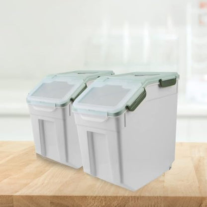 4 Pack Grain Food Storage Container, 20LB Airtight Rice Bin Storage Bucket with Spoon and Measuring Cup, Large Flour Dispenser Container Set 80LB Total Capacity, Green - color: 30lbs,4Pcs,Green