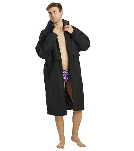 Sporti Unisex Swim Parka with Comfort Plush Fleece Lining, Multi Pocket Zipper - Water Resistant Swim Coats for Women & Men - color: Comfort - Black /Charcoal, size: Large