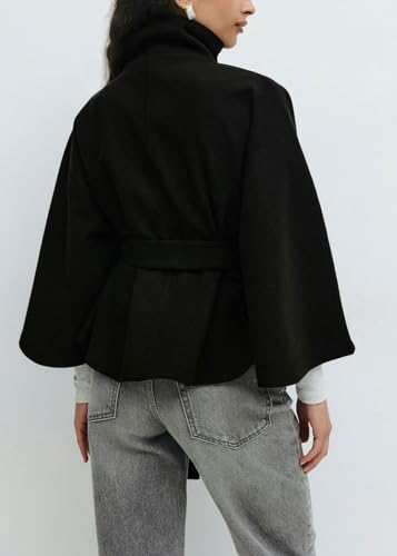 CHARTOU Women Batwing Sleeve Ponchos Pea Coat Wool Stand Collar Belt Capes Jacket Winter Cropped Overcoat - color: Black, size: Small