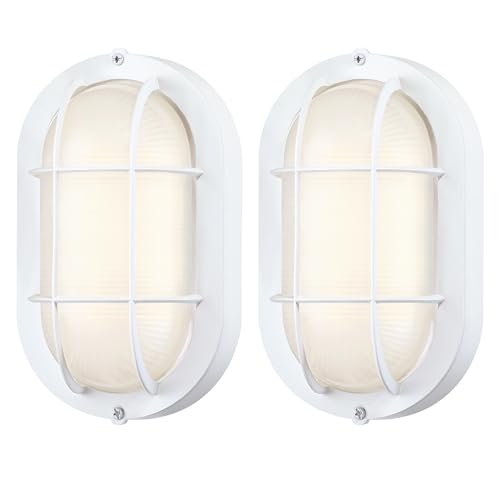 Oval Bulkhead Light, Outdoor LED Nautical and Sauna Lamp | Dimmable, 8.5 Inch 600 Lumen 3000K, Aluminum, Glass, Water-proof Wall Lantern Light for Patio, Porch, Garage, White, 2 Pack - color: 3000K White, size: 2pk-oval