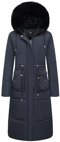 MOERDENG Women's Long Winter Puffer Coat Waterproof Warm Maxi Down Jacket Faux Fur Removable Hood Parka - color: Navy, size: Large
