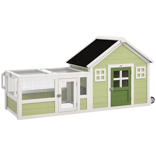PawHut Rabbit Hutch, Outdoor Rabbit Cage or Guinea Pig Cage with Asphalt Roof, Handle, Wheels, 64 Inch Wooden Bunny Cage for Rabbits, Chickens, Ducks, Small Animals, Multicolor