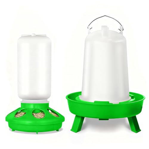 Chick Feeder and Waterer Set for Brooder - Adjustable Height (3 Levels) 0.3Gal Feeder & 0.4Gal Waterer - Automatic Poultry Kit for Baby Chicks, Ducklings
