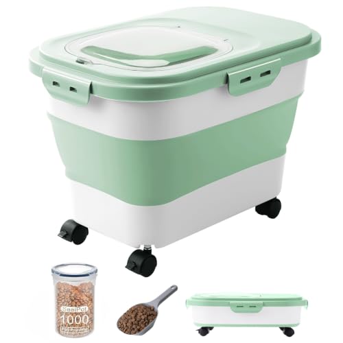 20-23 Lbs Dog Food Storage Container Airtight,Collapsible Pet Food Storage | Dog Food Container with Double Airtight Seal & Magnetic Lid,Cat Food Container with Wheels for Easy Moving,Small Jar,Scoop - color: Green&White