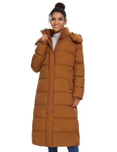 ROYAL MATRIX Women's Long Quilted Puffer Coat, Winter Warm Maxi Puffer Jacket with Detachable Hood - color: Brown, size: Small
