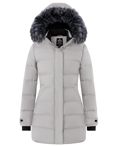 wantdo Women's Long Quilted Winter Coat Thicken Puffer Jacket with Faux Fur Hood - color: Gray, size: Small