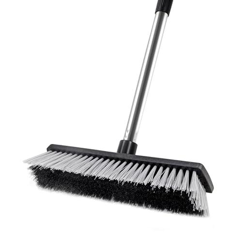 LandHope Hard Bristle Deck Broom Adjustable Long Handle Scrub Brush Heavy Duty Concrete Push Broom Outdoor Brush Garage Broom Wood Large Floor Scrubber 28-52 inch Balcony -Multi Segment Handle