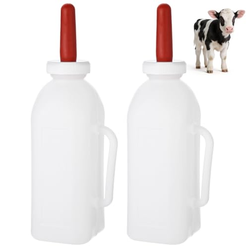 2 PCS Calf Feeding Bottles, 2 Quart Extended Teat Milk Feeder with Ergonomic Handle, Thickened Chew Resistant Silicone for Livestock Farm Animal Nursing, Easy Clean (2)