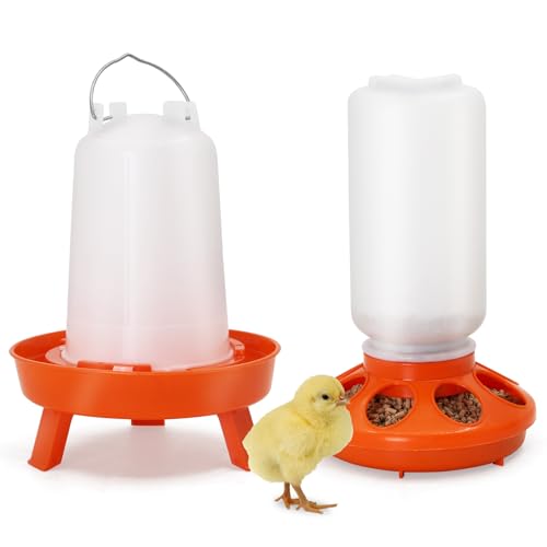 Chicken Feeder and Waterer Kit, 1L Feeder and 1.5L Waterer with 3 Heights Adjustable Legs,Poultry Feeder and Hanging Drinker No Spill/Waste for Chicken Coop, Ducks, Birds