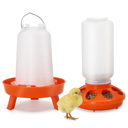 Chicken Feeder and Waterer Kit, 1L Feeder and 1.5L Waterer with 3 Heights Adjustable Legs,Poultry Feeder and Hanging Drinker No Spill/Waste for Chicken Coop, Ducks, Birds